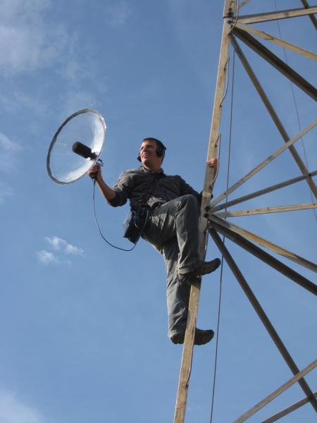 Emanuel Mora holds sound catching equipment 