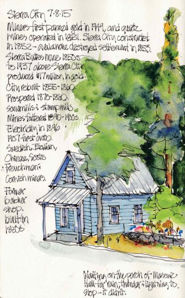 watercolor of a blue Sierra City house with handwritten notes