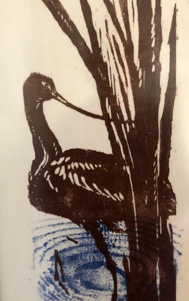 Woodblock of a waterbird and stems