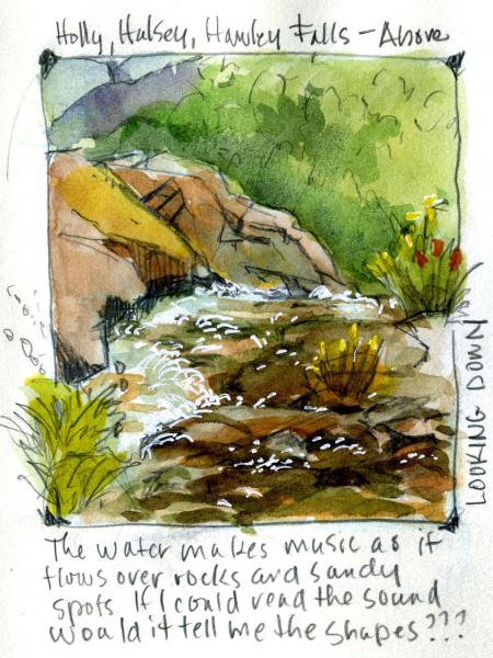 watercolor of a stream with handwritten notes