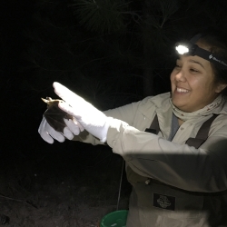 Student at night with a headlamp on, holding a bat in her hands