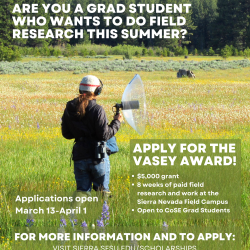 Photo of a young woman doing sound recording research in a meadow. Text describes a grant opportunity for graduate students