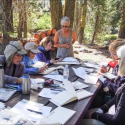 a group of artists sit at a picnic table in the woods with their sketch books